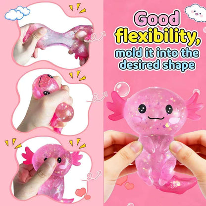 Glitter Axolotl Stress Relief Squishies - Soft Stretchy Fidget Toys for All Ages, Ideal for Easter Baskets, Party Favors, and Classroom Rewards (Available in 2 Colors)