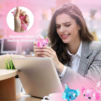 2-Pack Glitter Axolotl Squishies - Soft Sensory Fidget Toys for Stress Relief, Perfect for Teens and Adults, Office Decor, and Party Favors (Blue & Pink)