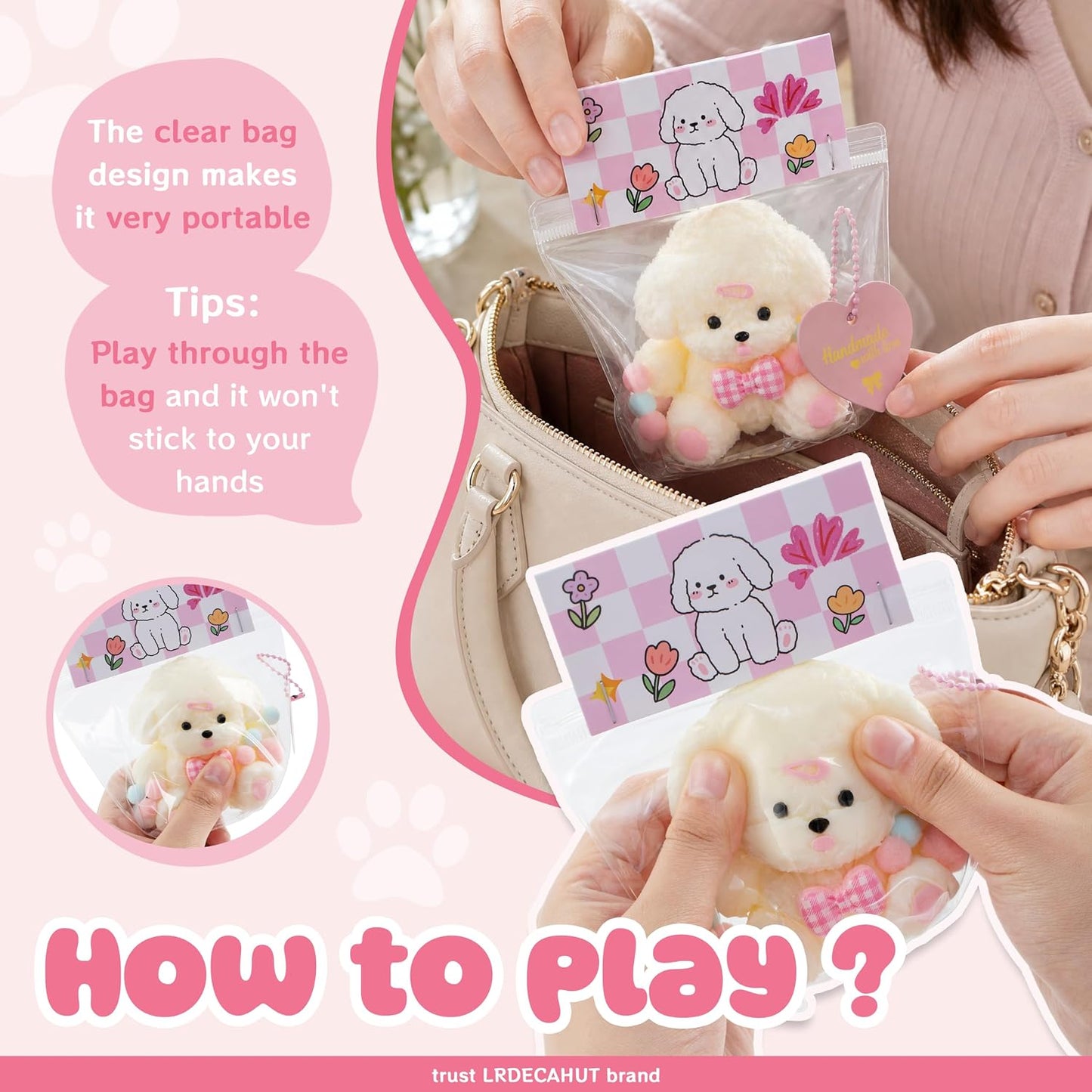 Taba Handmade Dog Squishy Fidget Toys - Slow Rising Silicone Stress Relief Toy with Resin Bow and Fuzz Ball, Ultra Soft Gift for Kids 3+ and Adults