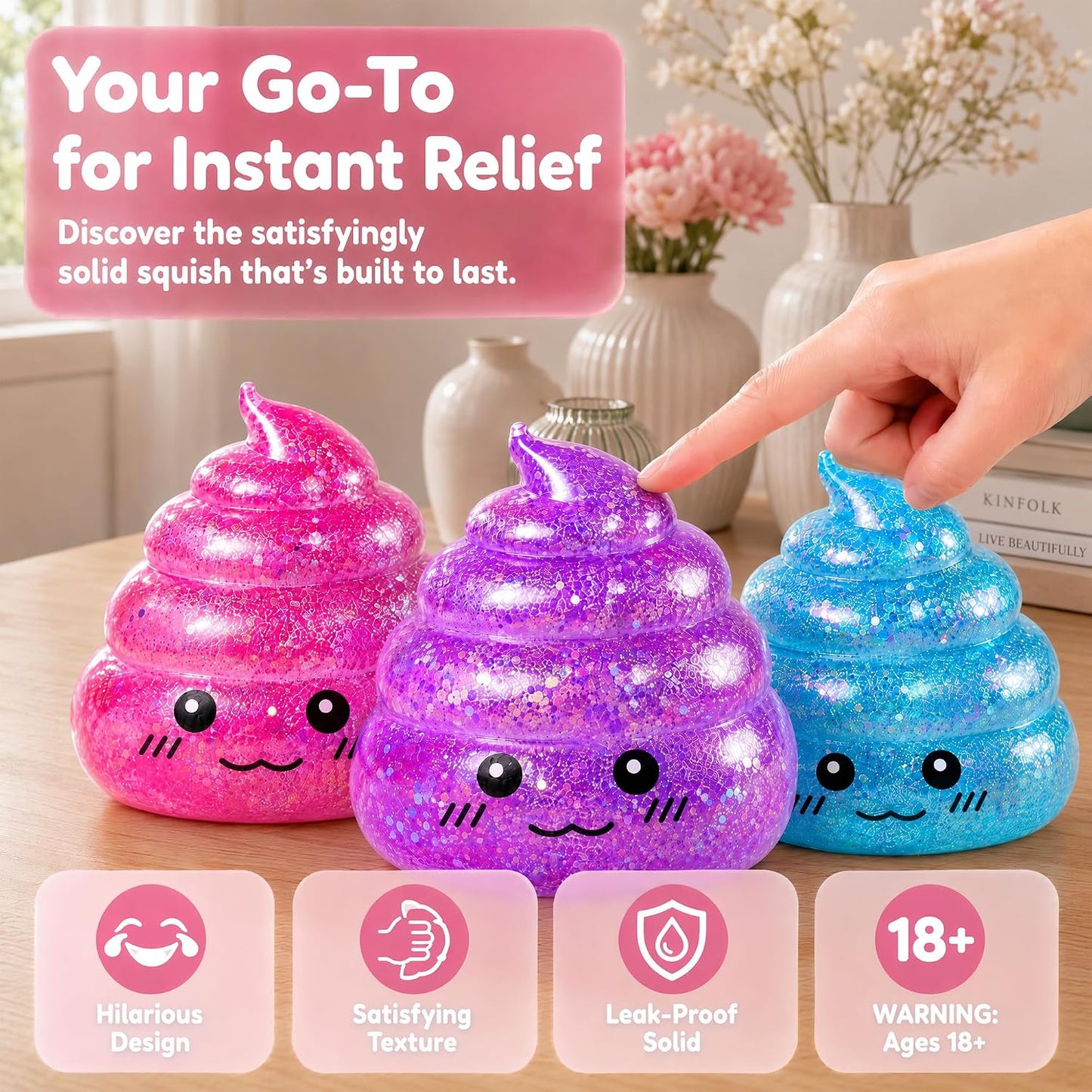 Set of 3 Glitter Poop Stress Relief Squishy Balls - Sensory Fidget Toys for Adults, Ideal for Novelty Pranks and Party Favors
