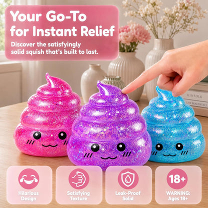 Set of 3 Glitter Poop Stress Relief Squishy Balls - Sensory Fidget Toys for Adults, Ideal for Novelty Pranks and Party Favors