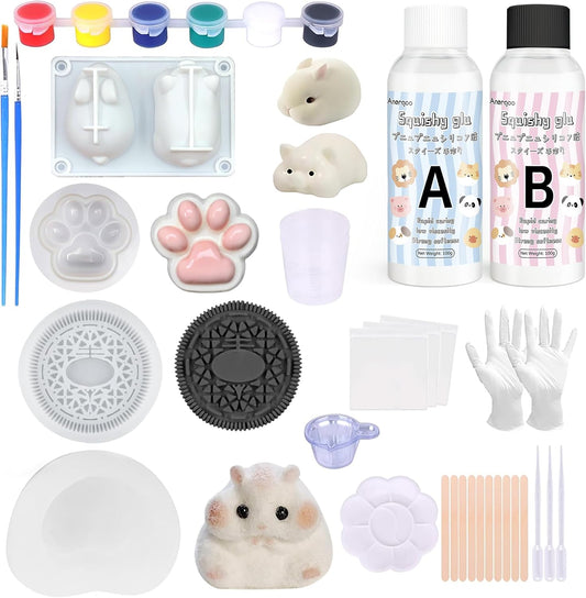 Taba Squishes Decompression Kit with Pig and Bunny Silicone Molds - 3" Paw Animal Cookie and Squishy Hamster Molds - 200g
