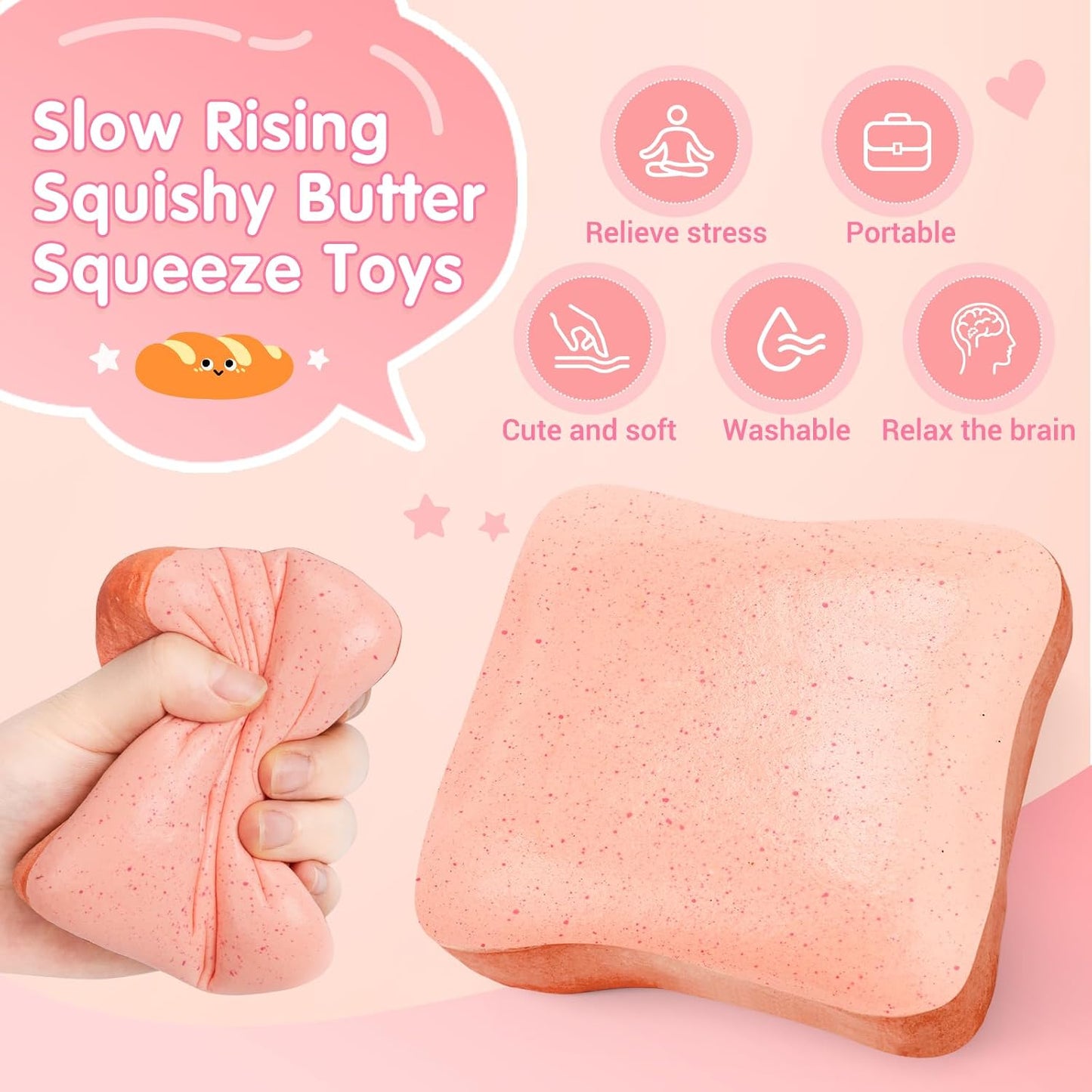Pink Bread Butter Slow Rising Squishy Fidget Toy | Sensory Stress Relief for Kids and Adults, Ideal for Anxiety Relief and Party Favors