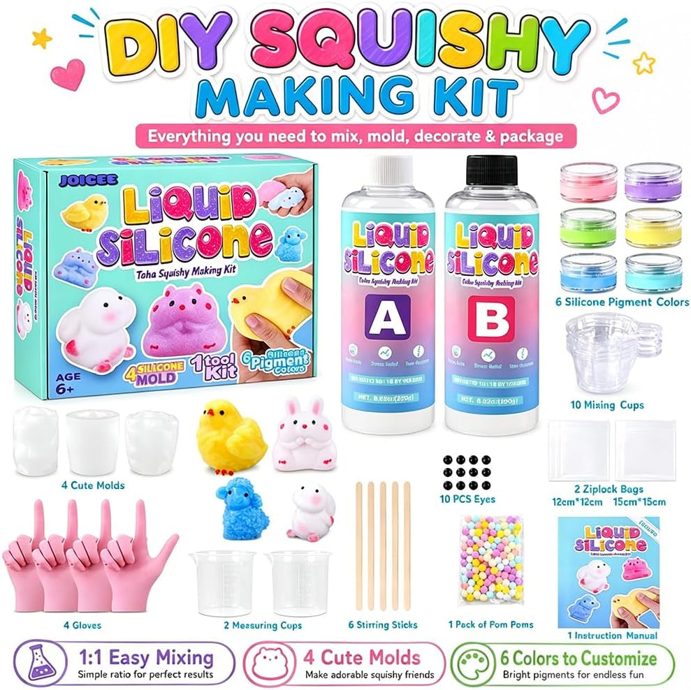 Taba Squishy Making Kit - DIY Squeeze Toy Set with 4 Molds, 18OZ Liquid Silicone, Ideal for Crafting, Party Favors, and Stress Relief Gifts