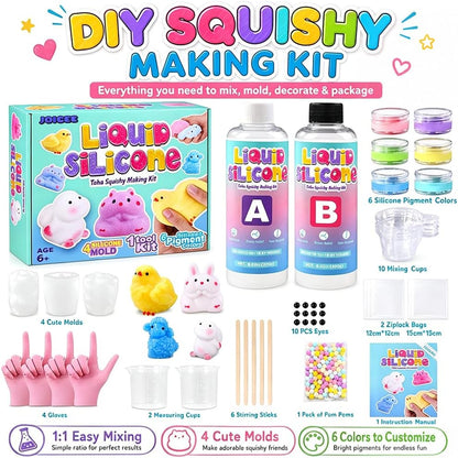 Taba Squishy Making Kit - DIY Squeeze Toy Set with 4 Molds, 18OZ Liquid Silicone, Ideal for Crafting, Party Favors, and Stress Relief Gifts