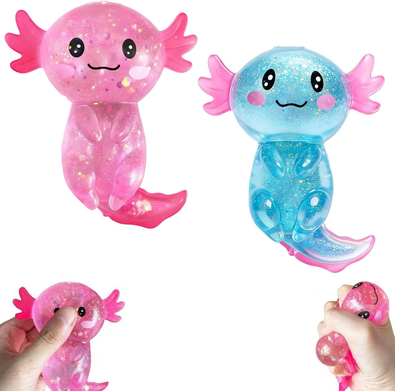 Glitter Axolotl Stress Relief Squishies - Soft Stretchy Fidget Toys for All Ages, Ideal for Easter Baskets, Party Favors, and Classroom Rewards (Available in 2 Colors)