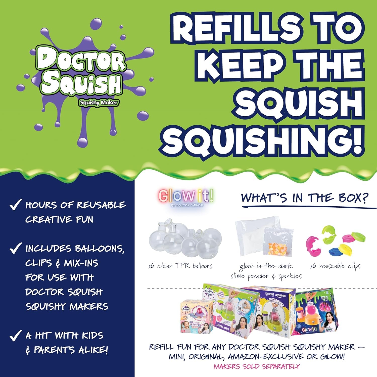 Squishy Maker Neon Refill Pack | DIY Squishy Creation Kit with 6 TPR Balloons, 6 Reusable Clips, Glow-in-the-Dark Sparkles, and Slime Powder | Ideal for Ages 8 and Up | One Pack
