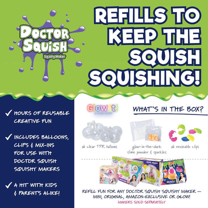 Squishy Maker Neon Refill Pack | DIY Squishy Creation Kit with 6 TPR Balloons, 6 Reusable Clips, Glow-in-the-Dark Sparkles, and Slime Powder | Ideal for Ages 8 and Up | One Pack
