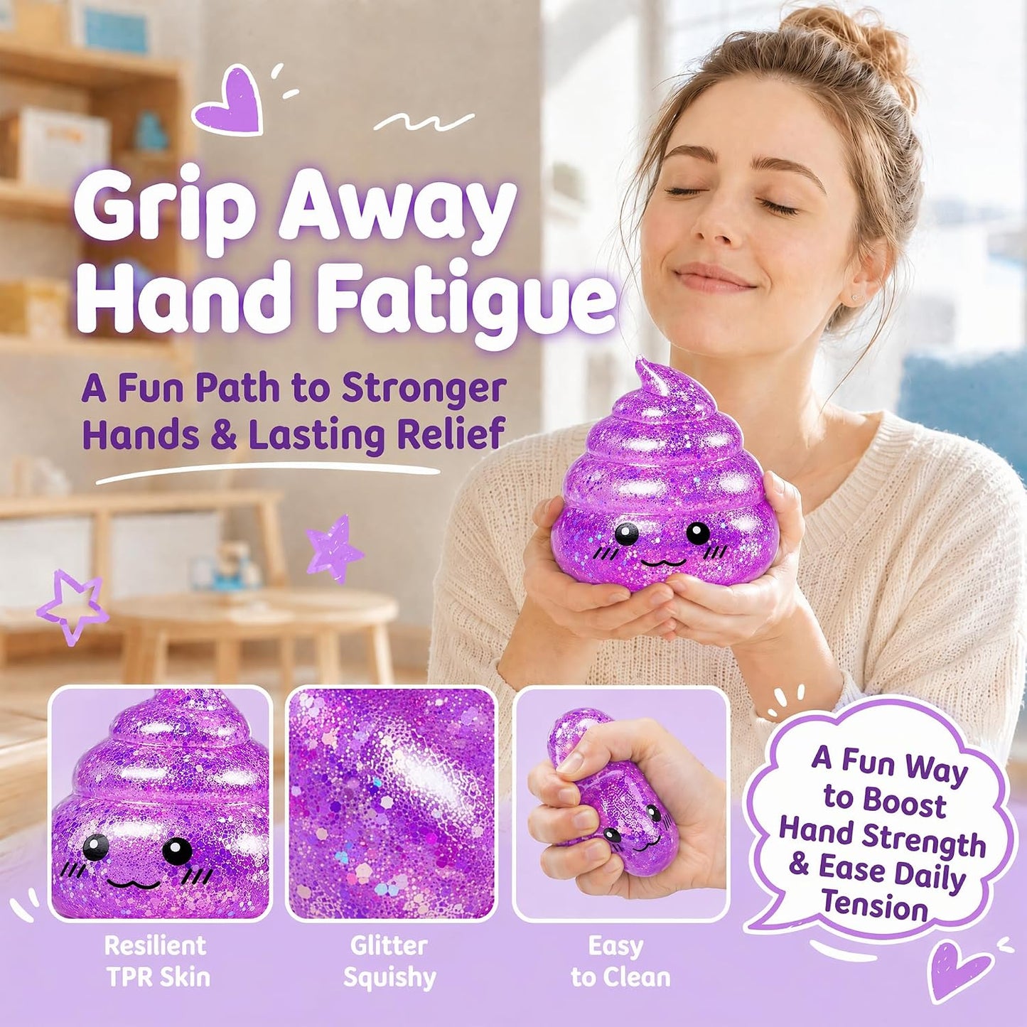 Purple Glitter Poop-Shaped Stress Ball - Novelty Squishy Stress Relief Toy for Adults, Ideal for Jokes, Pranks, and Party Favors