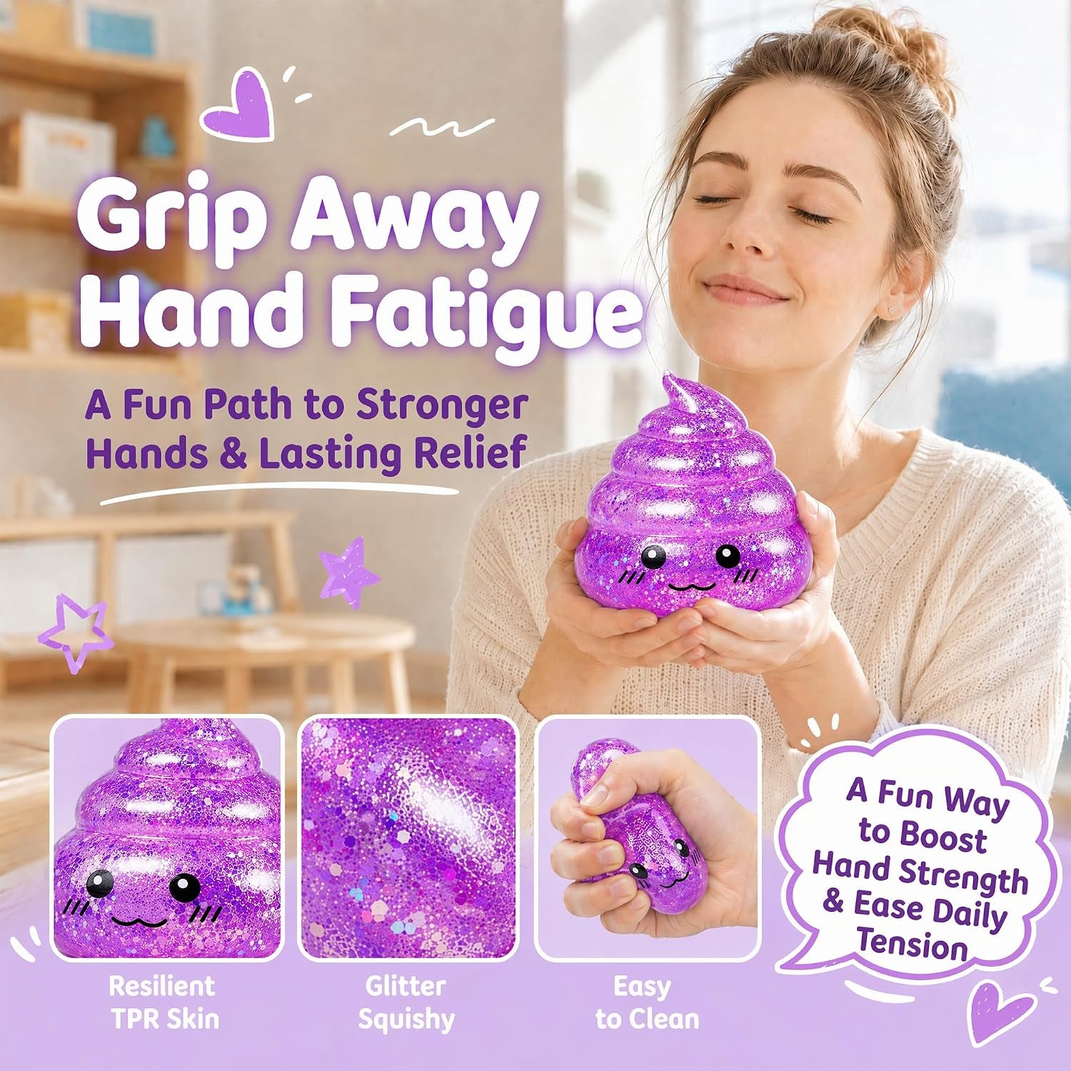 Purple Glitter Poop-Shaped Stress Ball - Novelty Squishy Stress Relief Toy for Adults, Ideal for Jokes, Pranks, and Party Favors