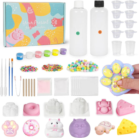 Taba 500G DIY Squishy Making Kit - 1:1 AB Liquid Silicone with Bubble-Free Curing, Includes 6 Molds and Flocking Powder for Stress Relief Gifts