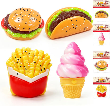 Taba Slow Rising Squishy Toy Set - 4PC Ice Cream, Burger, Sandwich, and French Fries Mochi Squeeze Toys for Stress Relief and Sensory Play, Ideal Party Favors for Kids Ages 8-12