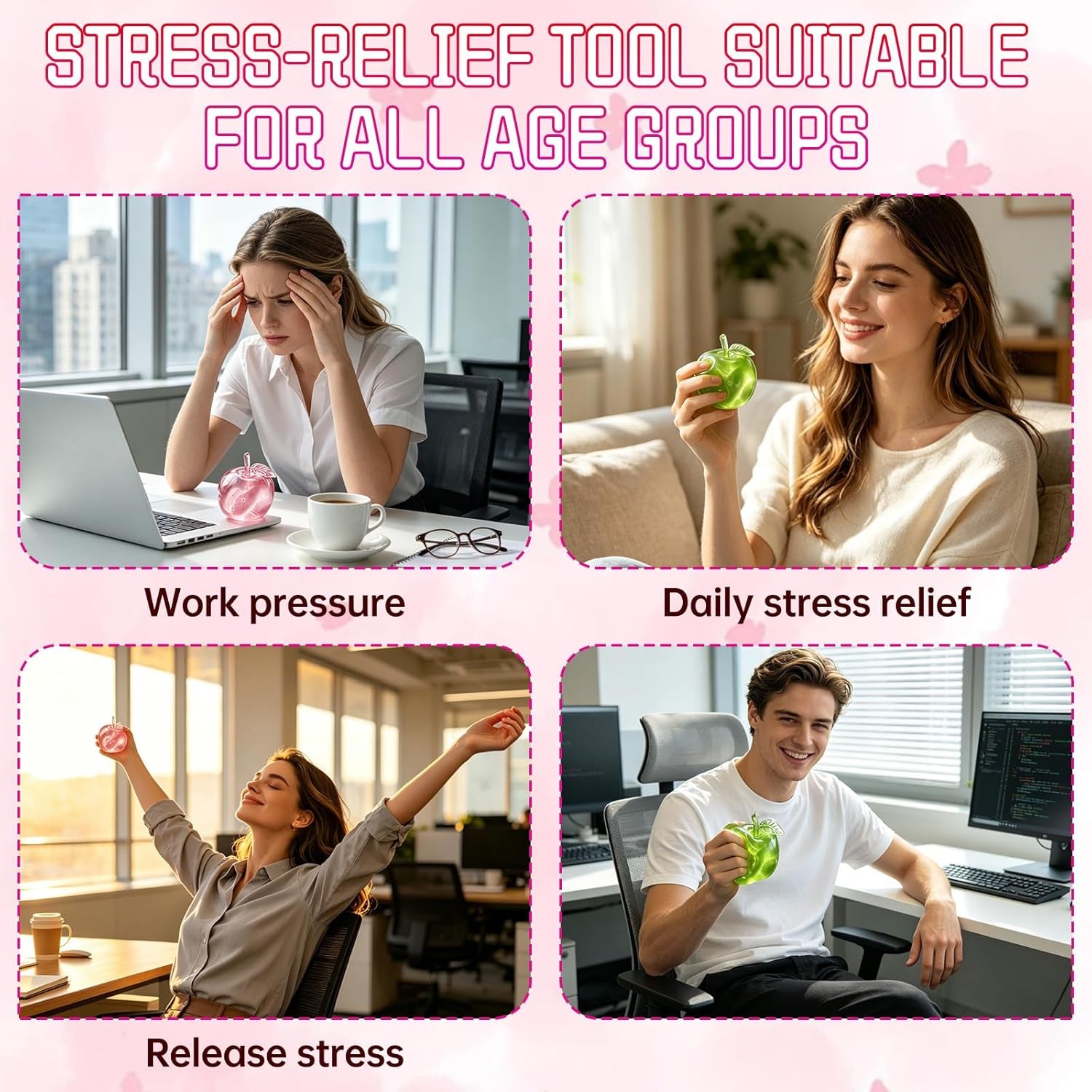 Stress Relief Apple Squishy Toy - Slow Rising Fruit Stress Ball for Adults, Cute Desk Decor (Green)