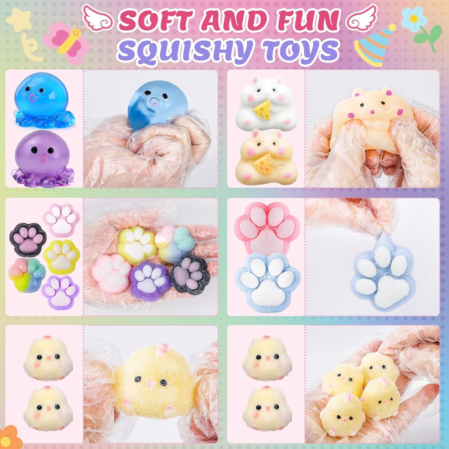 20-Piece Taba Squishy Fidget Toy Pack - Stress Relief Sensory Toys Featuring Chick, Cat Paws, Hamster, and Strawberry Designs - Ideal for Kids, Classroom Gifts, and Goodie Bags (11 Large + 9 Small)