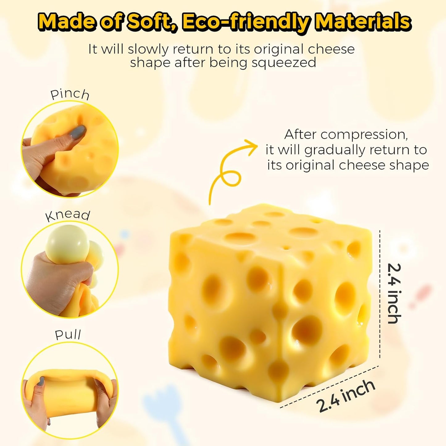 Cheese Squishy (6Cm),Cheese Block Squeeze Toy,Squishies Stress Relief Fidget Toys,Stocking Stuffer Novelty Birthday Gifts for Kids Teens Boys Girls (2.4 Inch)