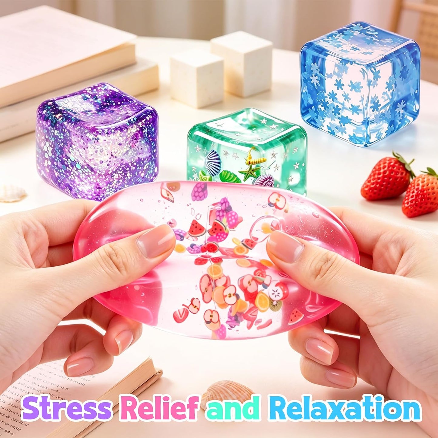 4Pcs Ice Cube Stress Balls, Cube Fidget Toys Adults for Kids, Glitter Filled Sensory Toys, Ocean Fruit Snow Flake Squeeze Toys, Slow Rise Squishies Stress Balls for Party, Festival, Birthday Toy Gift
