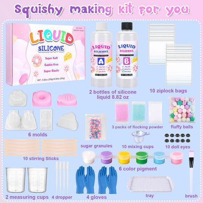 Taba Squishy Kit - 18oz 1:1AB Liquid Silicone Set with 6 Molds, Bubble-Free Decompression Squishies Gift Set, Includes Guide and Flocking Powder for DIY Squishies Creation