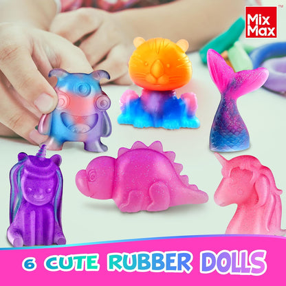 DIY Squishy Toy Making Kit - 6 Pack Rubber Doll Craft Set for Kids Ages 6-12, Glow-in-the-Dark Jumbo Glitter Silicone Crafts for Parties