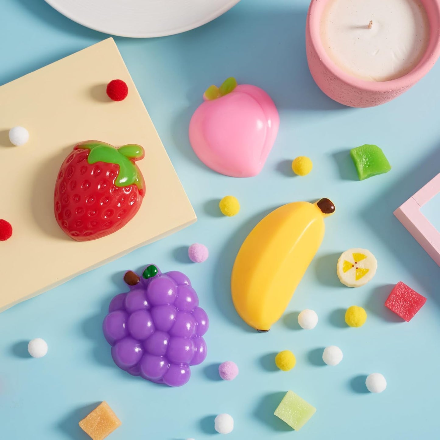 4 Pcs Fruit Taba Squishy Toys, Soft Squeeze Fidgets, Banana, Grape, Strawberry, Peach Fufu Squishy Toys, Cute Taba Squishy Toys for Kids, Party Favors & Gifts