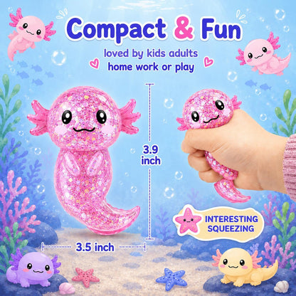 Axolotl Stress Relief Squishy Toy - Glitter Fidget Ball for Kids and Adults, Ideal for Birthday Party Favors and Classroom Gifts