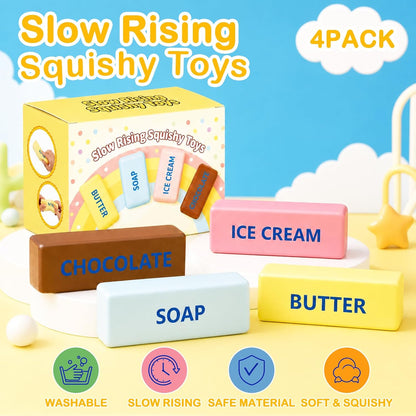 Butter Squishy 4 Pack - Slow Rising Squishy Toy，4 Squishies Butter Squeeze Toy for Stress Relief,Portable Desk Toy for Adults, Party Favors & Gifts