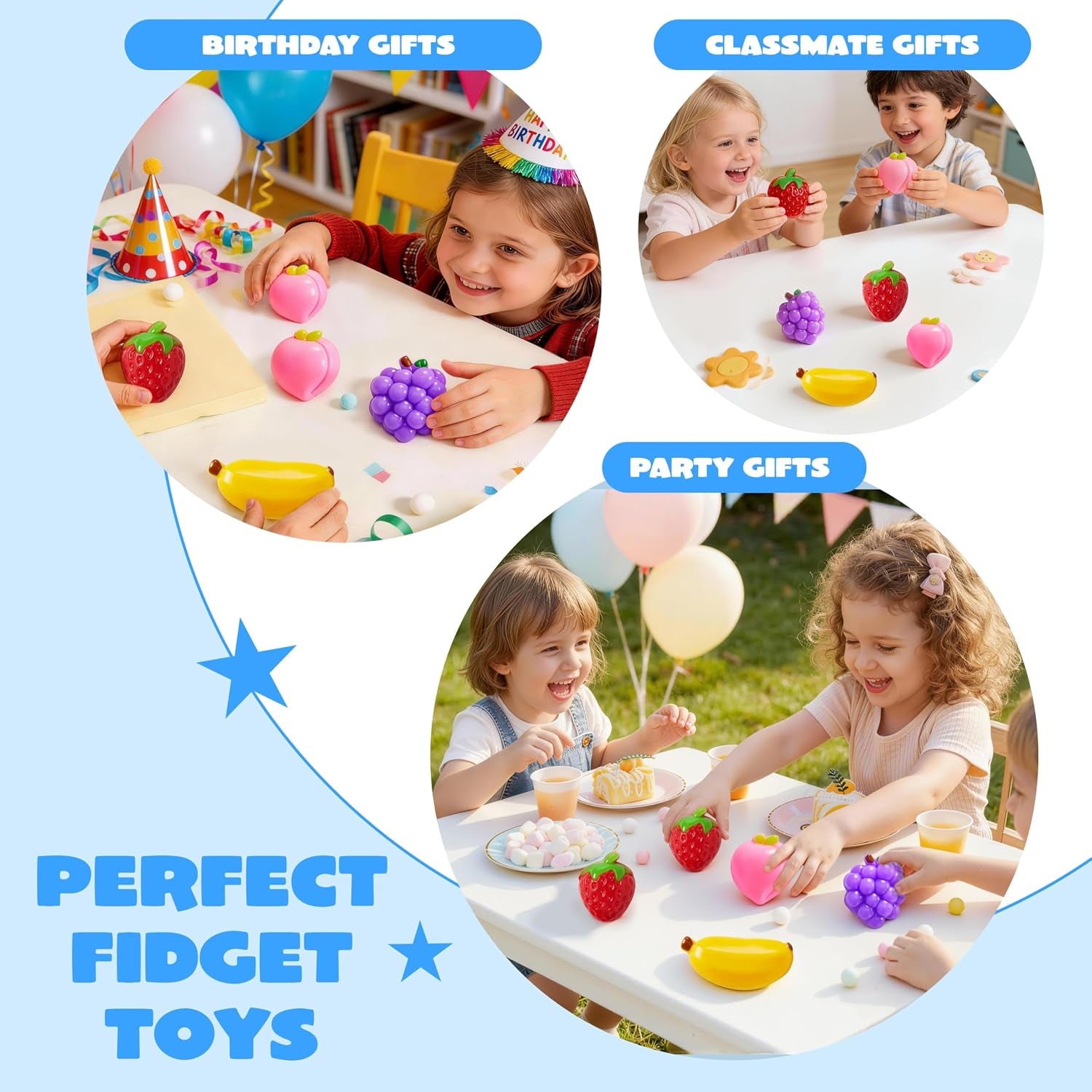 4 Pcs Fruit Taba Squishy Toys, Soft Squeeze Fidgets, Banana, Grape, Strawberry, Peach Fufu Squishy Toys, Cute Taba Squishy Toys for Kids, Party Favors & Gifts