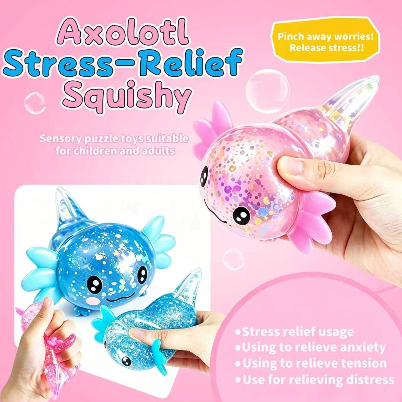 2-Pack Glitter Axolotl Squishies - Soft Sensory Fidget Toys for Stress Relief, Perfect for Teens and Adults, Office Decor, and Party Favors (Blue & Pink)