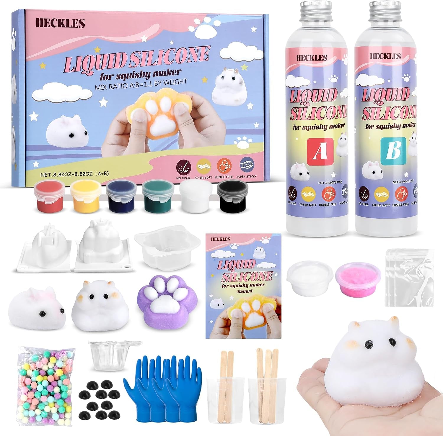 DIY Taba Squishy Creation Kit - 18oz Silicone Molds with 1:1 AB Ratio Liquid Silicone for Crafting Cat Claw, Hamster, and Rabbit Designs - Perfect Gift for Any Occasion