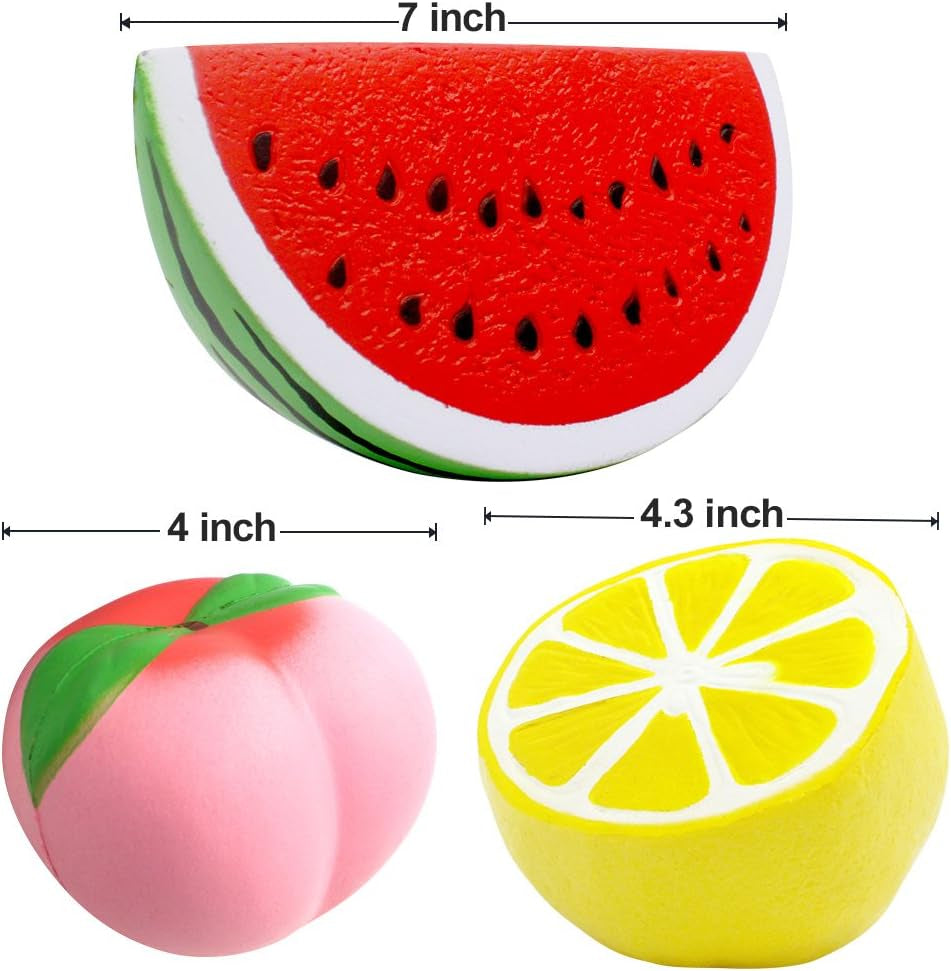 Set of 6 Jumbo Slow Rising Fruit Squishies - Strawberry, Peach, Banana, Lemon, Watermelon, Pineapple - Cream Scented Stress Relief Toys for All Ages