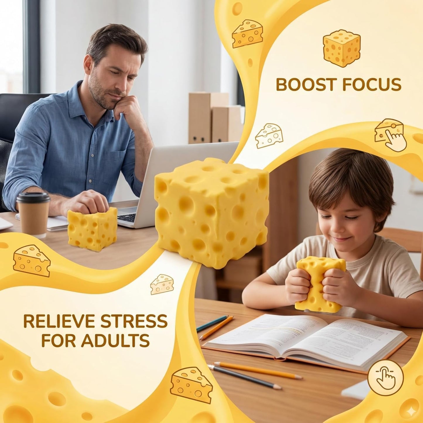 Big Cheese Squishy Toy, Jumbo Soft Sensory Cheese Block Stress Ball, Large Slow Rising Squeeze Fidget Toys for Adults , Giant Realistic Cheese Cube Novelty Gift for Relax and Focus (3.9In)