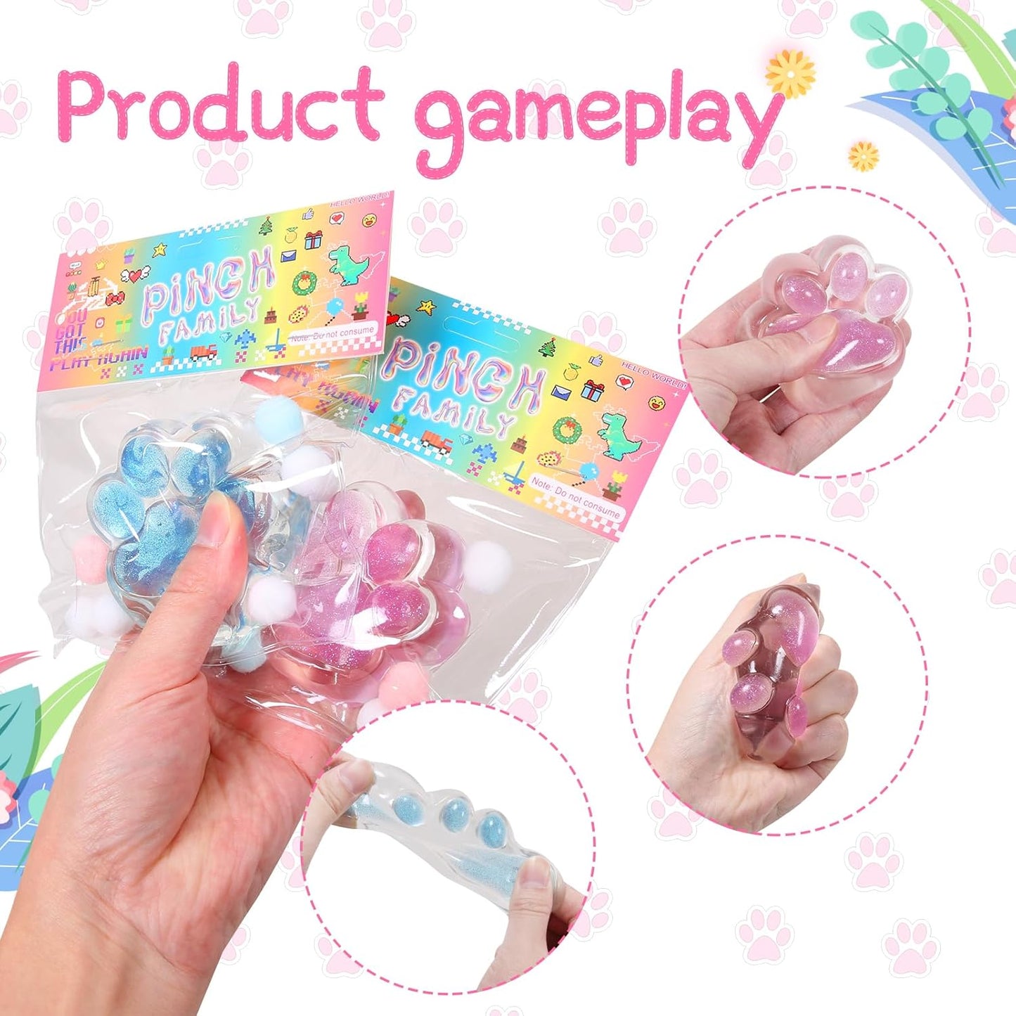 Set of 2 Kawaii Cat Paw Squeeze Toys in Pink and Blue - Sparkling Powder Infused PVC Stress Relief Squishies for Kids and Teens, OPP Packaging