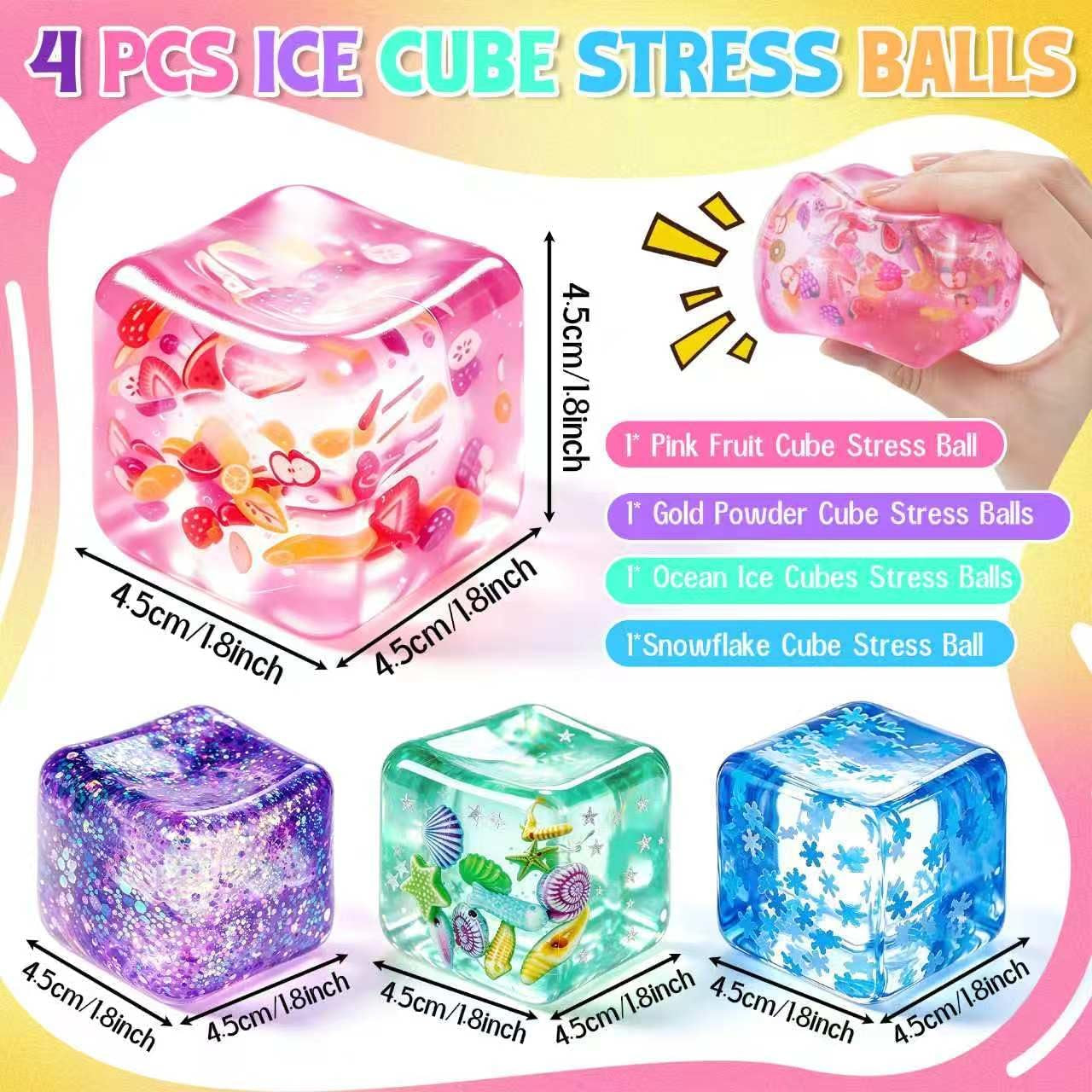 4Pcs Ice Cube Stress Balls, Cube Fidget Toys Adults for Kids, Glitter Filled Sensory Toys, Ocean Fruit Snow Flake Squeeze Toys, Slow Rise Squishies Stress Balls for Party, Festival, Birthday Toy Gift