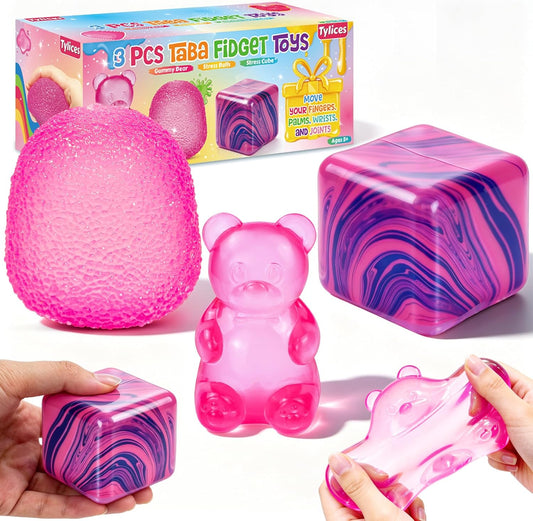 3-Piece Taba Squishies Fidget Toy Set, Stress Relief Balls for All Ages, Sensory Stress Cube, Ideal for Children with Autism, Classroom Rewards, and Birthday Party Favors (Random Colors)