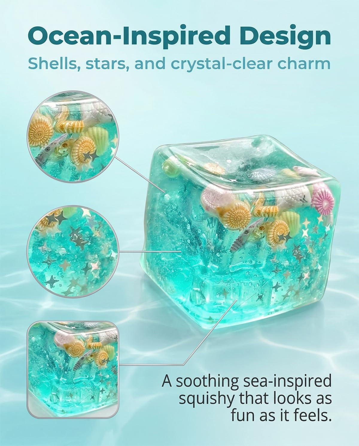Ice Cube Stress Relief Squishy Toy, Soft Slow Rise Sensory Fidget Ball, Marine Shells Design, Stretchable Squeeze Hand Toy