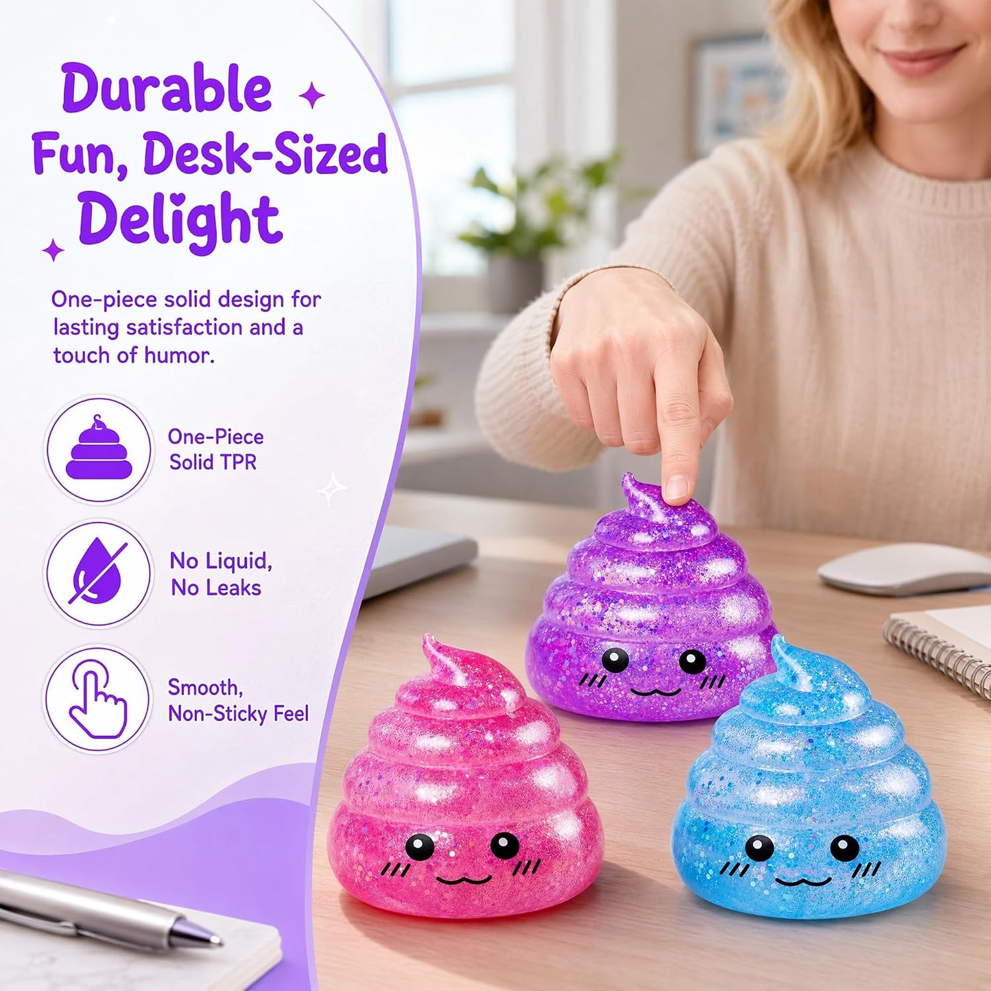 Set of 3 Glitter Poop Stress Relief Squishy Balls - Sensory Fidget Toys for Adults, Ideal for Novelty Pranks and Party Favors