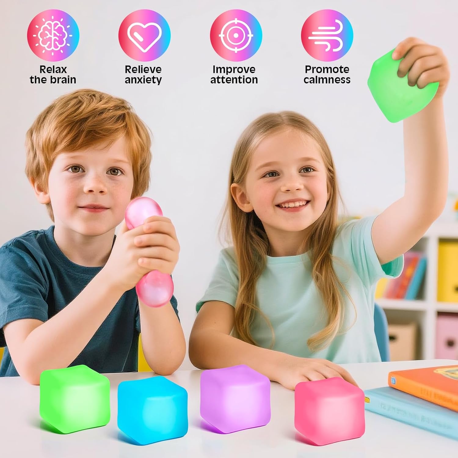 4 Pack Stress Cube,Slow Rising Ice Cube Stress Balls for Adults Kids | Sensory Fidget Toy for Anxiety Relief, Square Shape Cube Squishy for Classroom Prizes, Squishy Balls for Party Favors