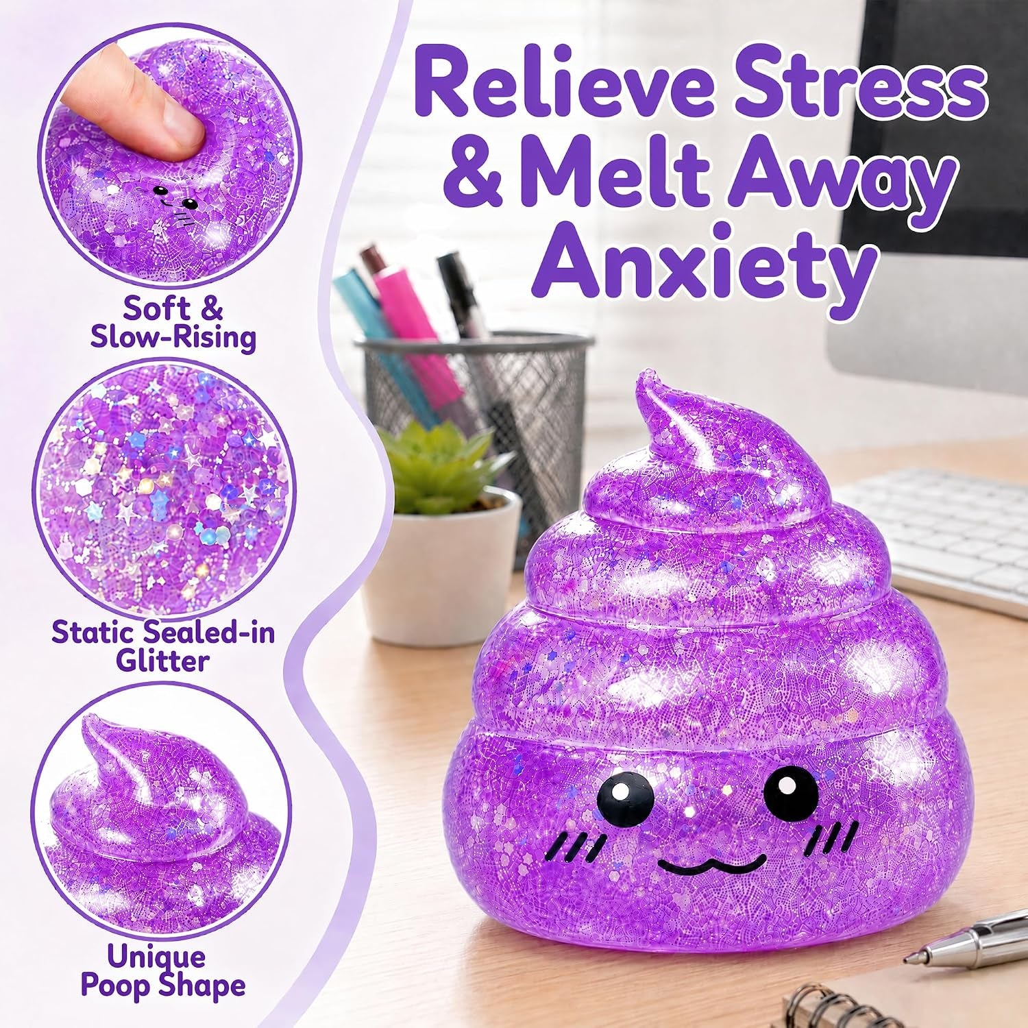 Purple Glitter Poop-Shaped Stress Ball - Novelty Squishy Stress Relief Toy for Adults, Ideal for Jokes, Pranks, and Party Favors