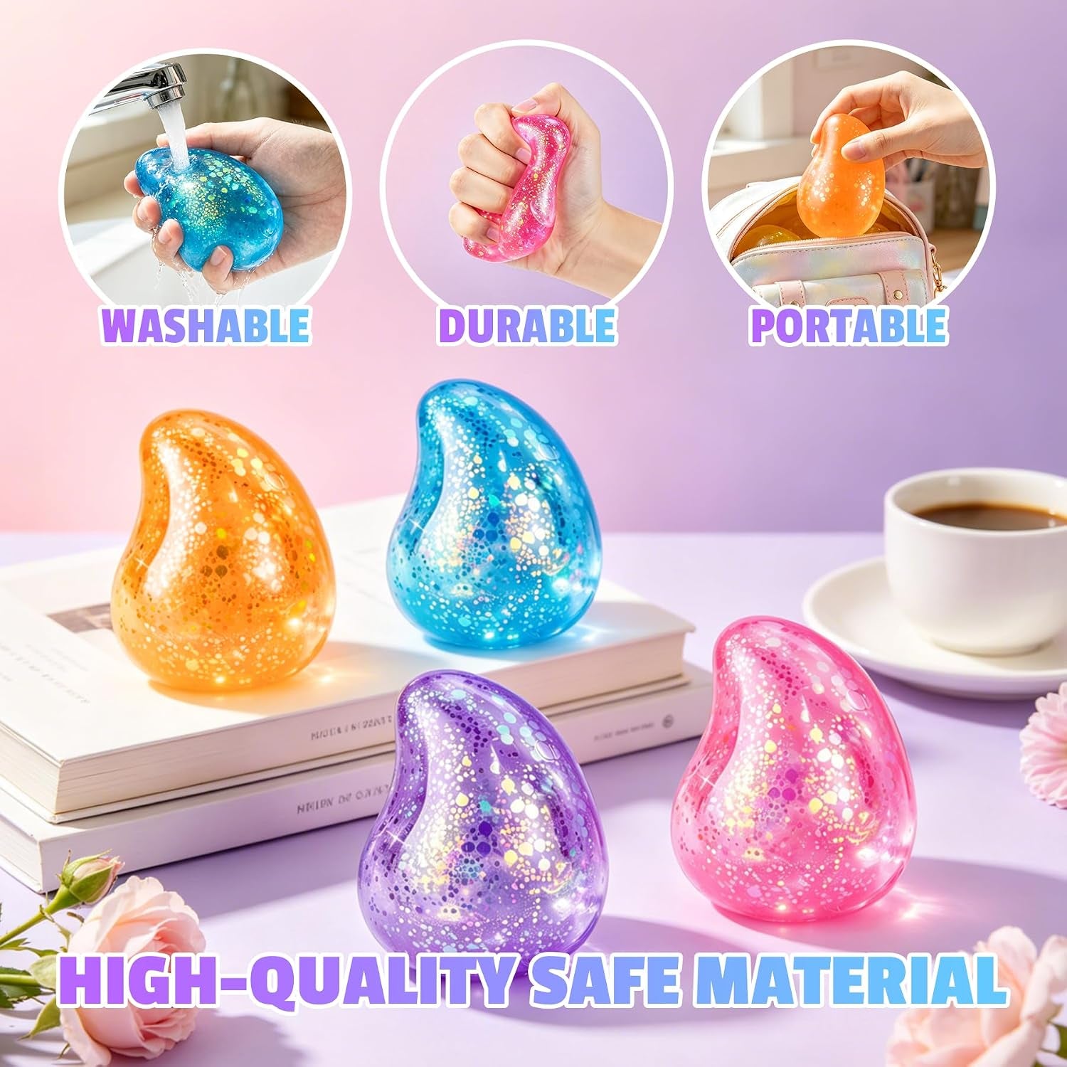 Raindrop Squishy Stress Relief Cube - Soft Sensory Calming Toy for Kids and Teens, Ideal for Party Favors and Classroom Prizes - Purple