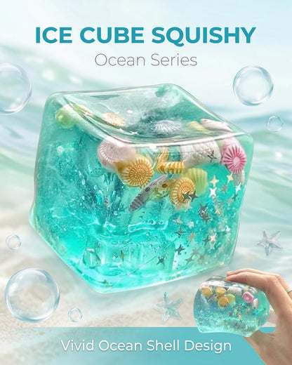 Ice Cube Stress Relief Squishy Toy, Soft Slow Rise Sensory Fidget Ball, Marine Shells Design, Stretchable Squeeze Hand Toy