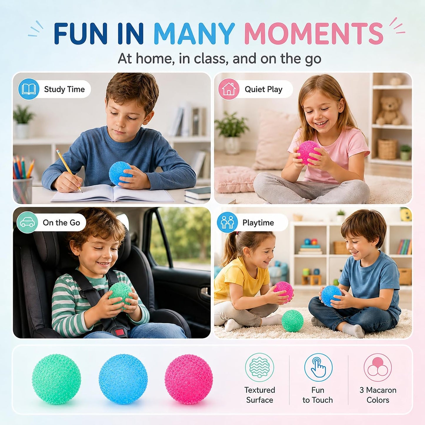 Set of 3 Textured Stress Relief Balls - Silky Fidget Toys for Anxiety Management | Soft Squeeze Sensory Balls for Kids and Adults - 1.85 Inches