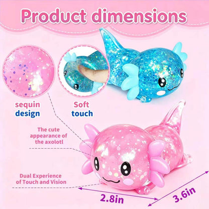 2-Pack Glitter Axolotl Squishies - Soft Sensory Fidget Toys for Stress Relief, Perfect for Teens and Adults, Office Decor, and Party Favors (Blue & Pink)
