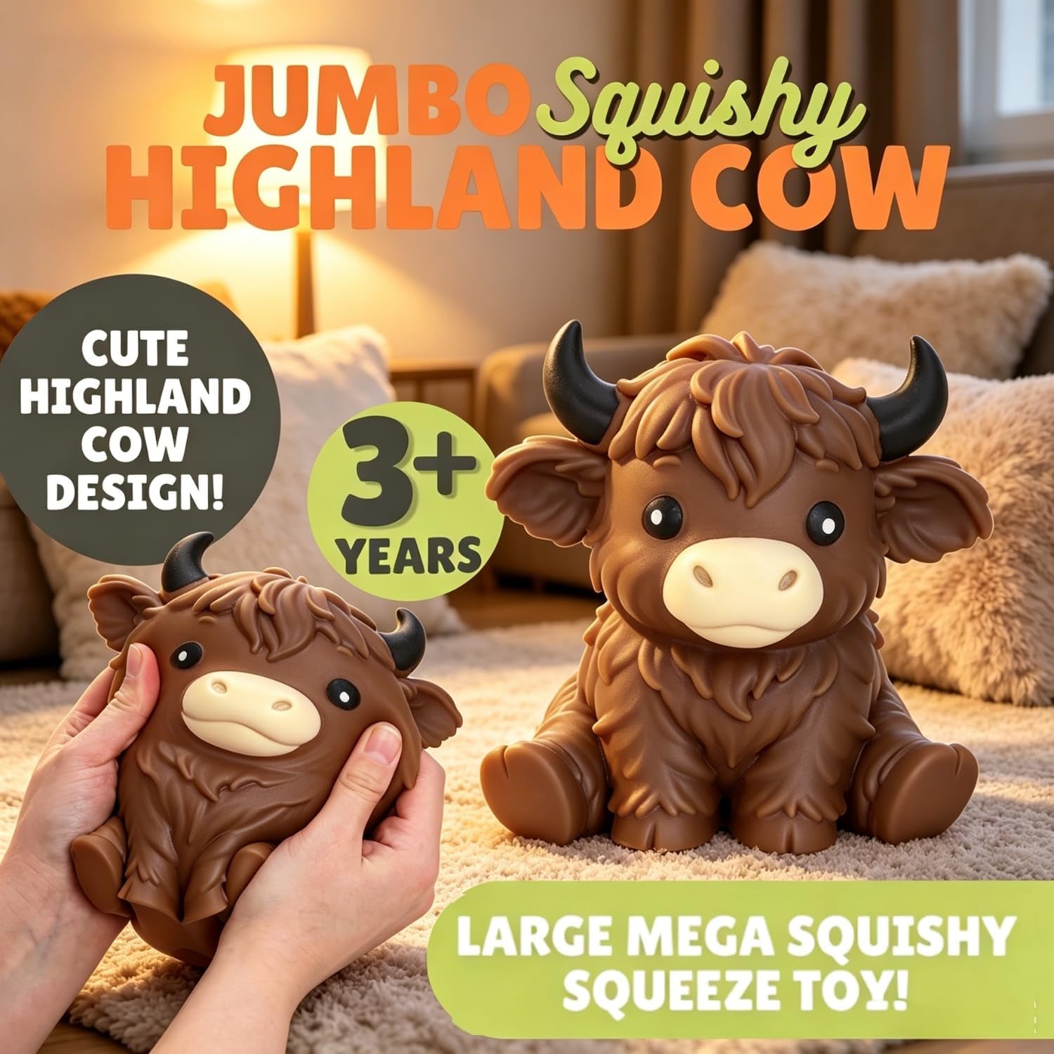 Giant Highland Cow Squishy Stress Ball - Jumbo Soft Slow Rising Toy for Anxiety Relief and Party Favors