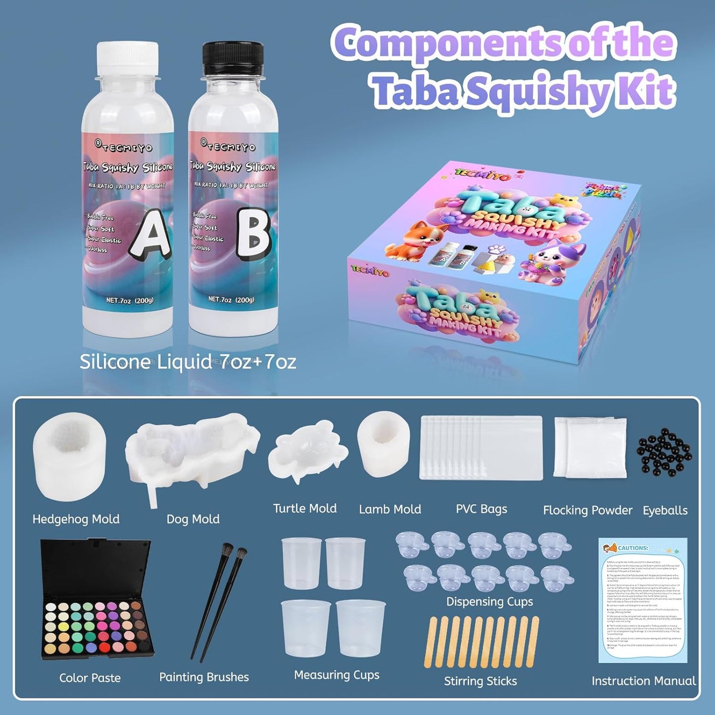 DIY Taba Squishy Kit with Animal Molds - Complete Squishy Making Set with 1:1 AB Liquid Silicone Gel (14Oz) for Custom Creations and Gifting