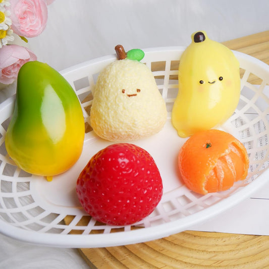 Set of 5 Handmade Fruit Squishies for Stress Relief and Fidgeting, Including Strawberry, Banana, and Mango, Ideal for Party Favors in OPP Packaging