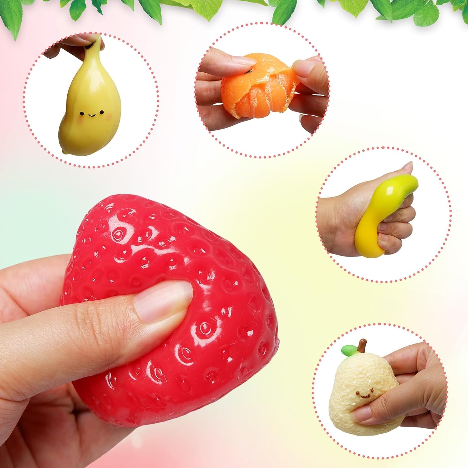 Set of 5 Handmade Fruit Squishies for Stress Relief and Fidgeting, Including Strawberry, Banana, and Mango, Ideal for Party Favors in OPP Packaging