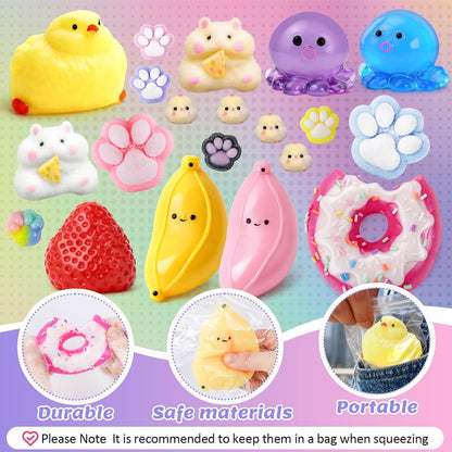 20-Piece Taba Squishy Fidget Toy Pack - Stress Relief Sensory Toys Featuring Chick, Cat Paws, Hamster, and Strawberry Designs - Ideal for Kids, Classroom Gifts, and Goodie Bags (11 Large + 9 Small)