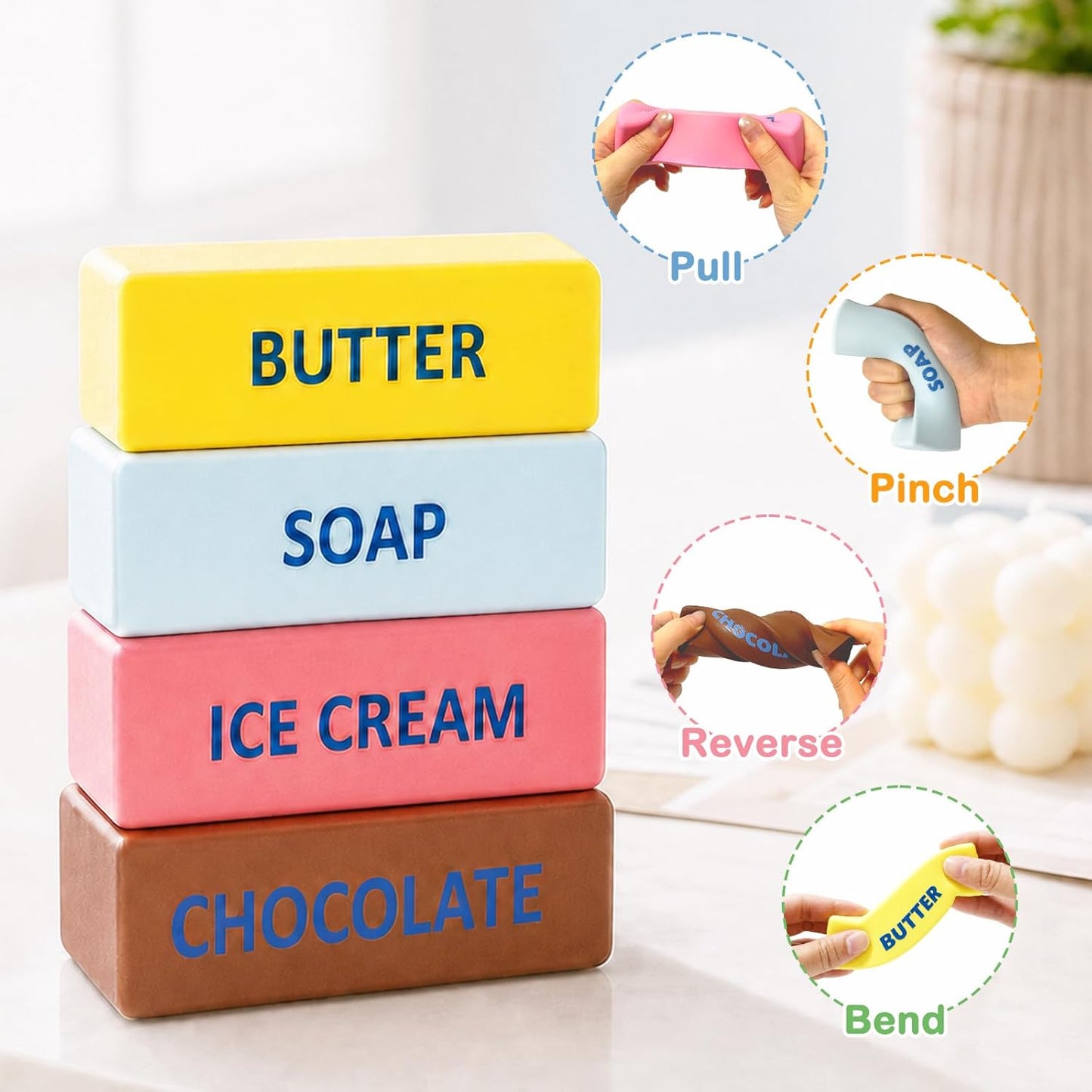 Butter Squishy 4 Pack - Slow Rising Squishy Toy，4 Squishies Butter Squeeze Toy for Stress Relief,Portable Desk Toy for Adults, Party Favors & Gifts