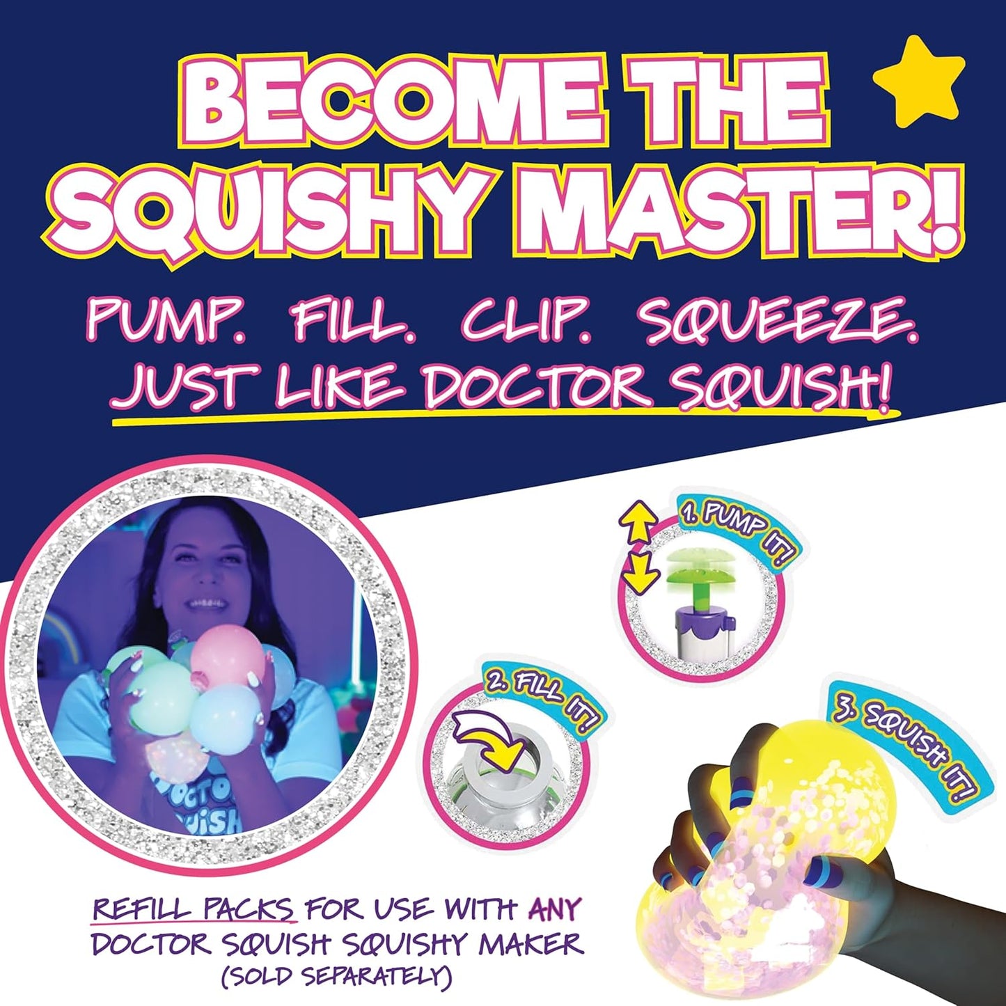 Squishy Maker Neon Refill Pack | DIY Squishy Creation Kit with 6 TPR Balloons, 6 Reusable Clips, Glow-in-the-Dark Sparkles, and Slime Powder | Ideal for Ages 8 and Up | One Pack