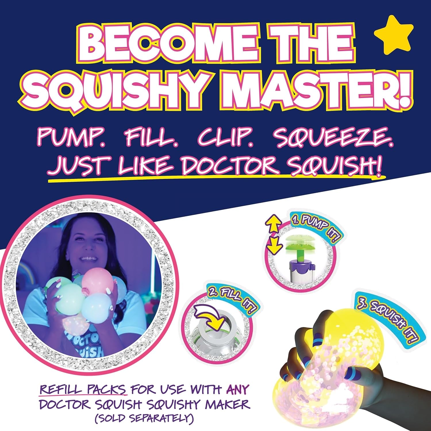 Squishy Maker Neon Refill Pack | DIY Squishy Creation Kit with 6 TPR Balloons, 6 Reusable Clips, Glow-in-the-Dark Sparkles, and Slime Powder | Ideal for Ages 8 and Up | One Pack