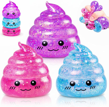 Set of 3 Glitter Poop Stress Relief Squishy Balls - Sensory Fidget Toys for Adults, Ideal for Novelty Pranks and Party Favors
